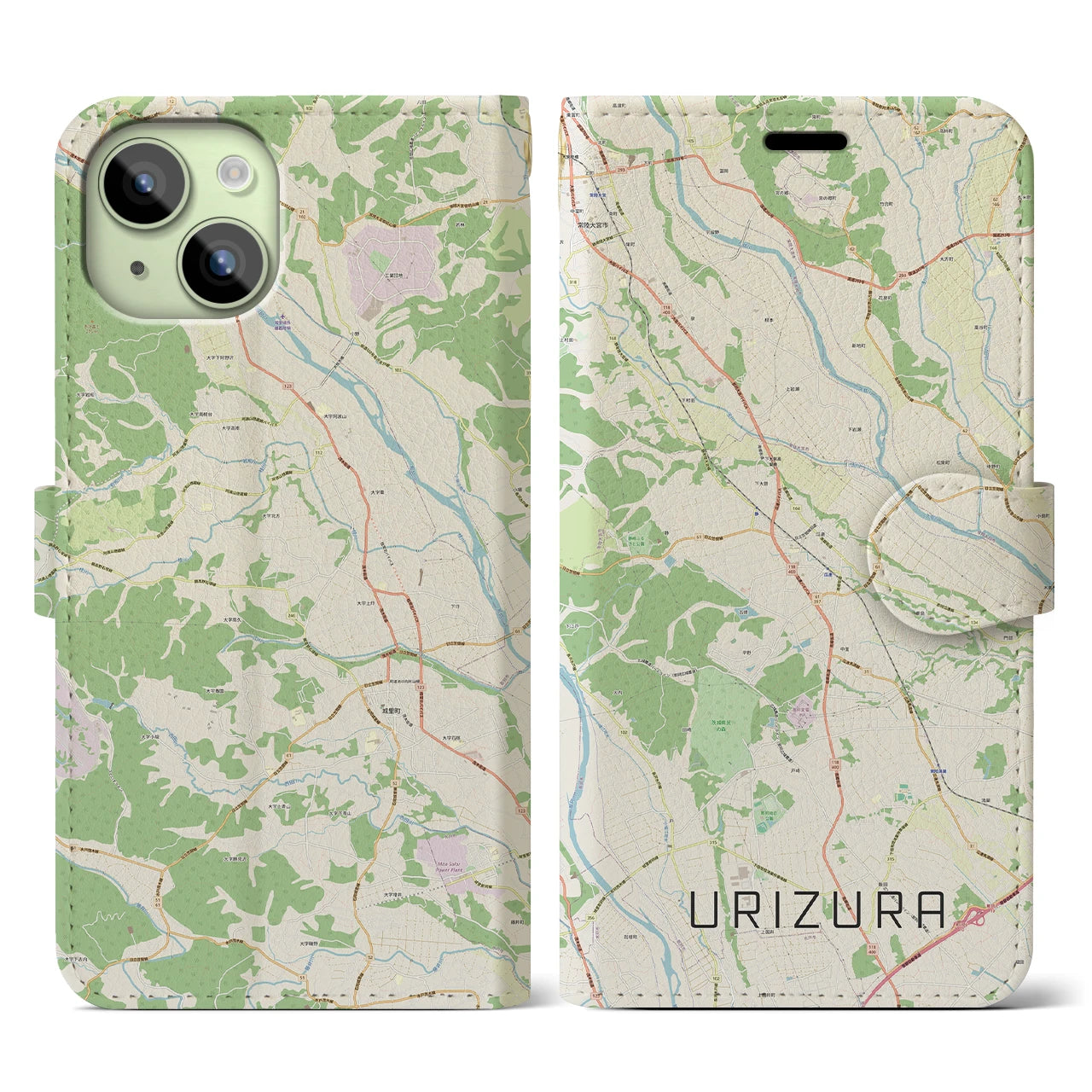 【瓜連(茨城県)】地図柄iPhoneケース(手帳タイプ)ナチュラル・iPhone 15 用