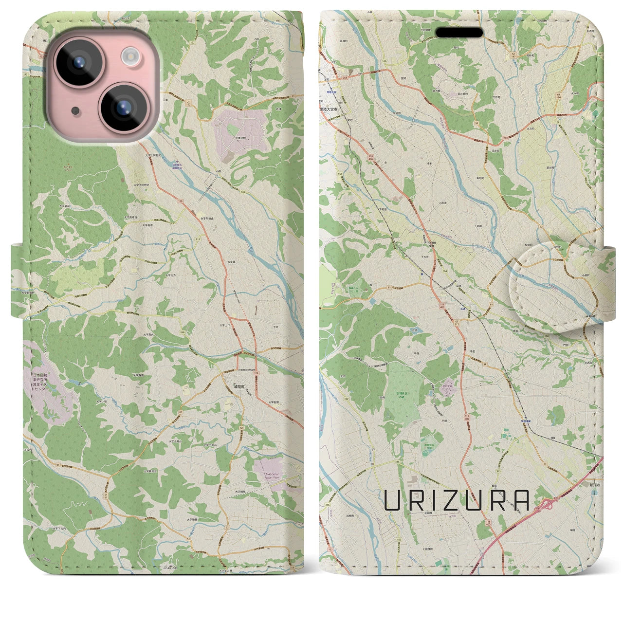 【瓜連(茨城県)】地図柄iPhoneケース(手帳タイプ)ナチュラル・iPhone 15 Plus 用