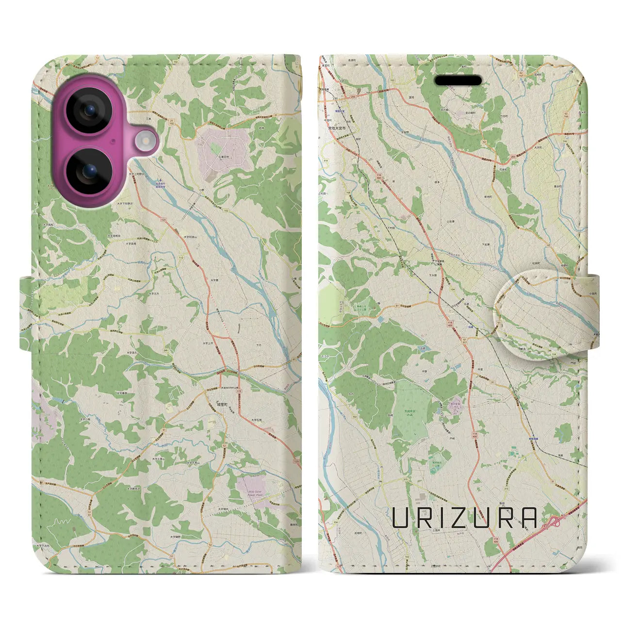 【瓜連(茨城県)】地図柄iPhoneケース(手帳タイプ)ナチュラル・iPhone 16 Pro 用