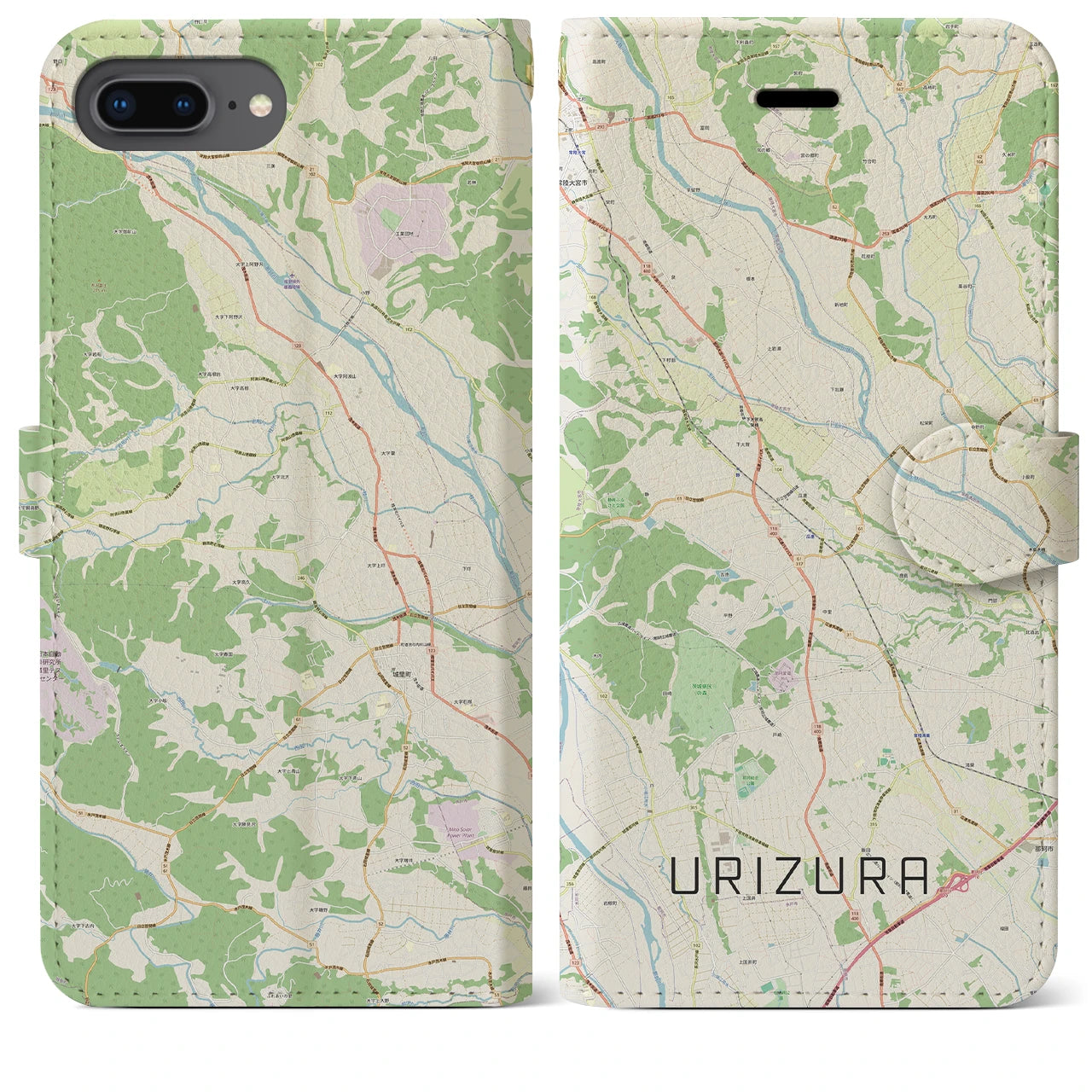 【瓜連(茨城県)】地図柄iPhoneケース(手帳タイプ)ナチュラル・iPhone 8Plus /7Plus / 6sPlus / 6Plus 用