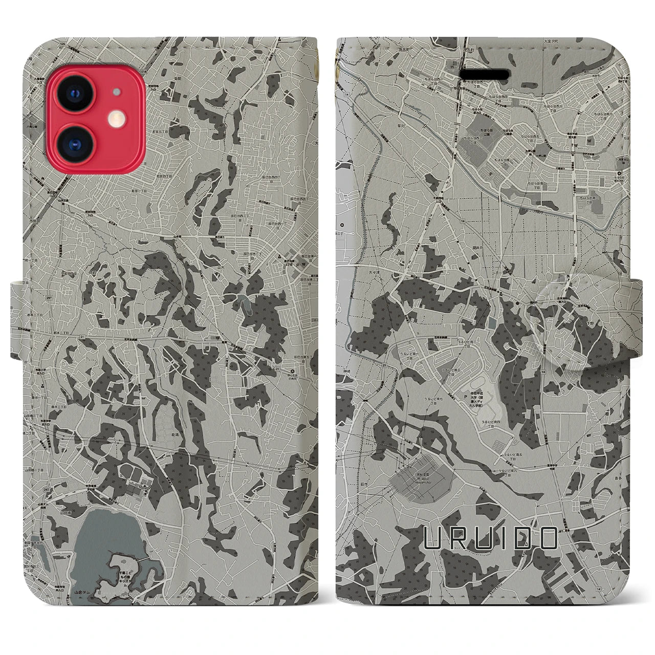 【潤井戸(千葉県)】地図柄iPhoneケース(手帳タイプ)モノトーン・iPhone 11 用
