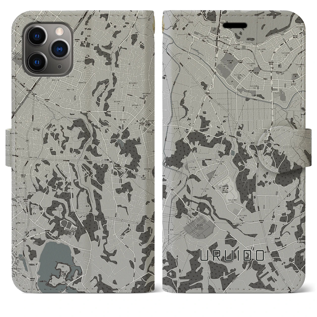 【潤井戸(千葉県)】地図柄iPhoneケース(手帳タイプ)モノトーン・iPhone 11 Pro Max 用
