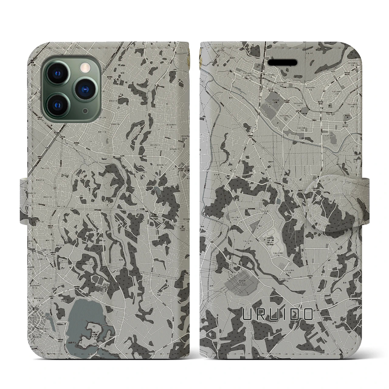 【潤井戸(千葉県)】地図柄iPhoneケース(手帳タイプ)モノトーン・iPhone 11 Pro 用
