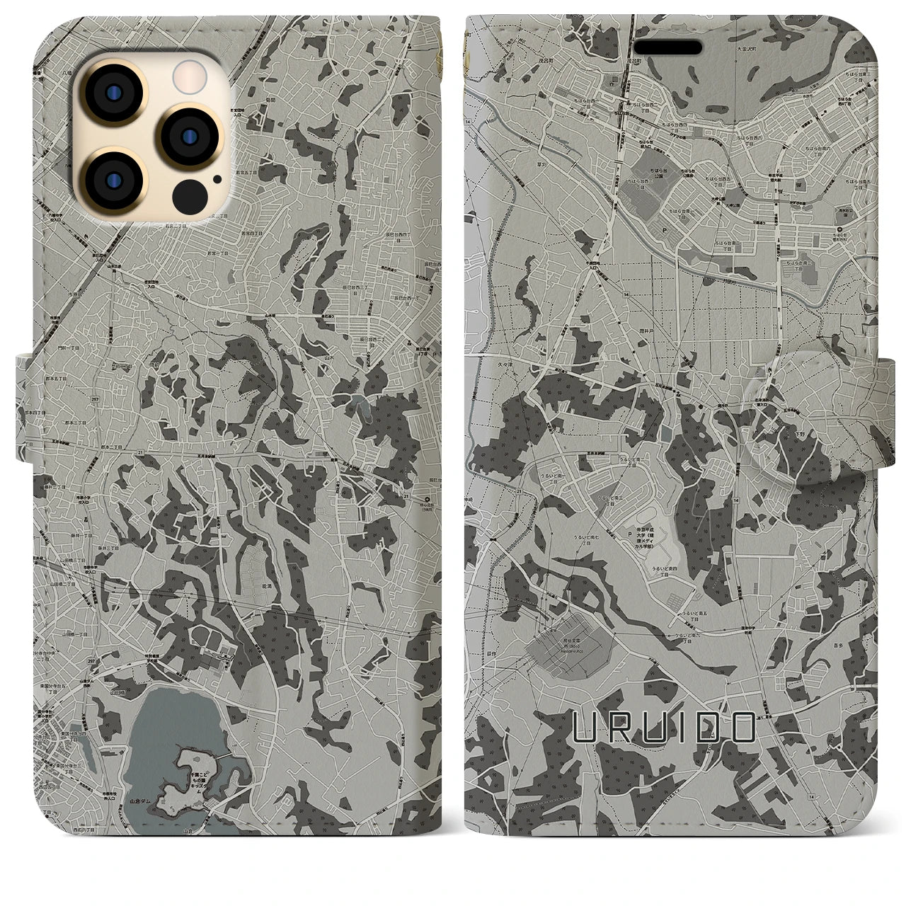 【潤井戸(千葉県)】地図柄iPhoneケース(手帳タイプ)モノトーン・iPhone 12 Pro Max 用