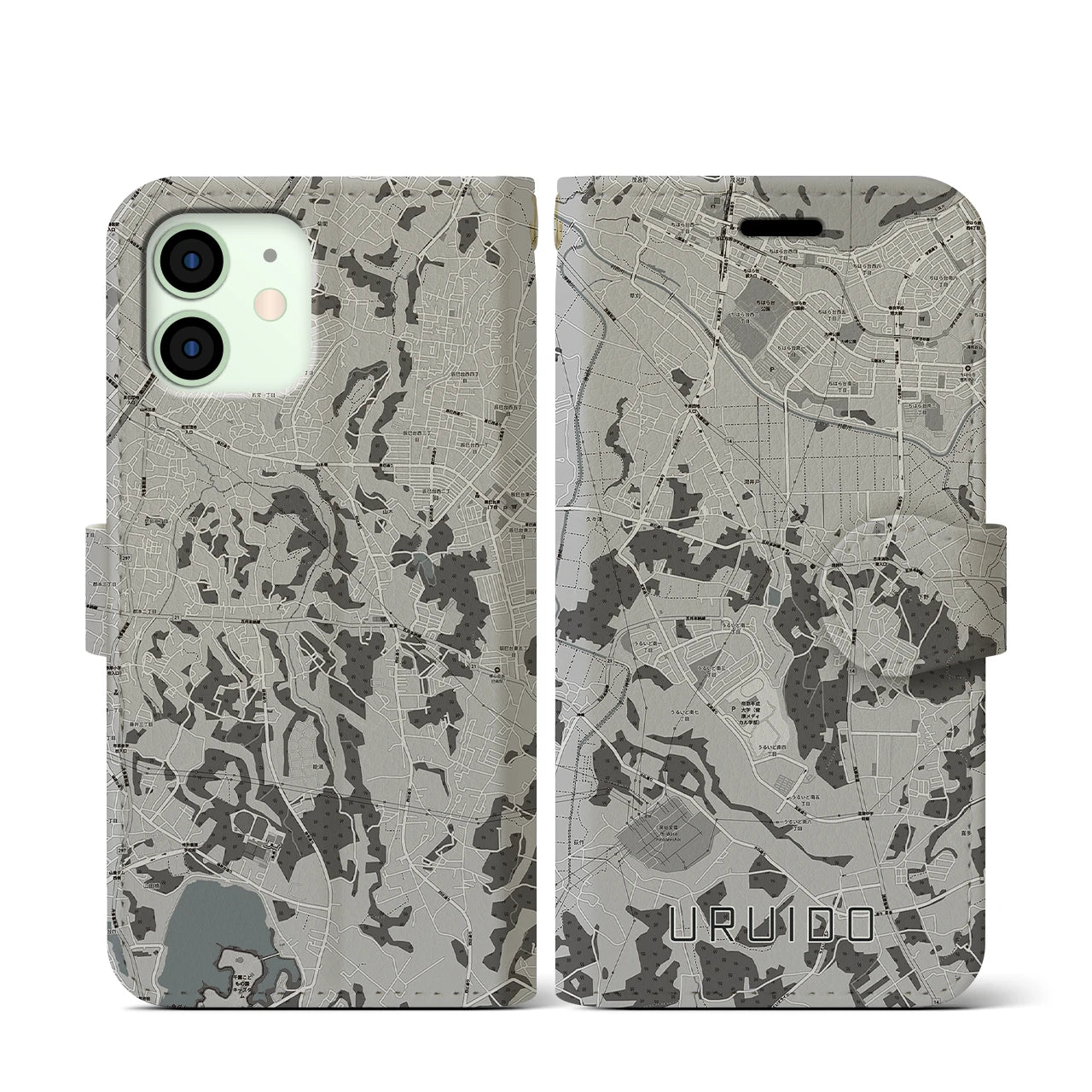 【潤井戸(千葉県)】地図柄iPhoneケース(手帳タイプ)モノトーン・iPhone 12 mini 用