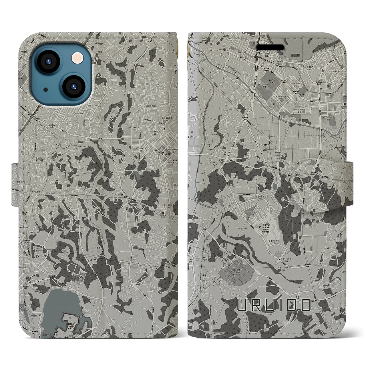 【潤井戸(千葉県)】地図柄iPhoneケース(手帳タイプ)モノトーン・iPhone 13 用