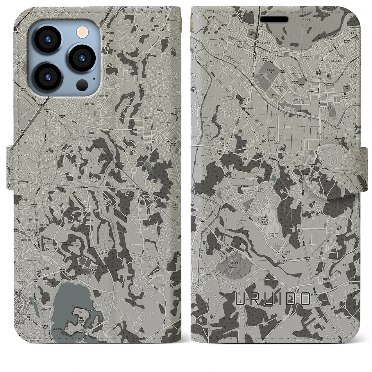 【潤井戸(千葉県)】地図柄iPhoneケース(手帳タイプ)モノトーン・iPhone 13 Pro Max 用