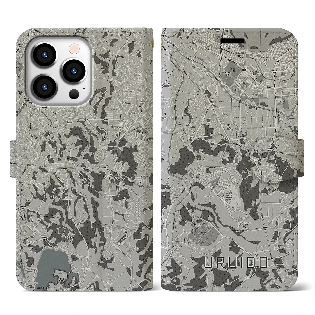 【潤井戸(千葉県)】地図柄iPhoneケース(手帳タイプ)モノトーン・iPhone 13 Pro 用