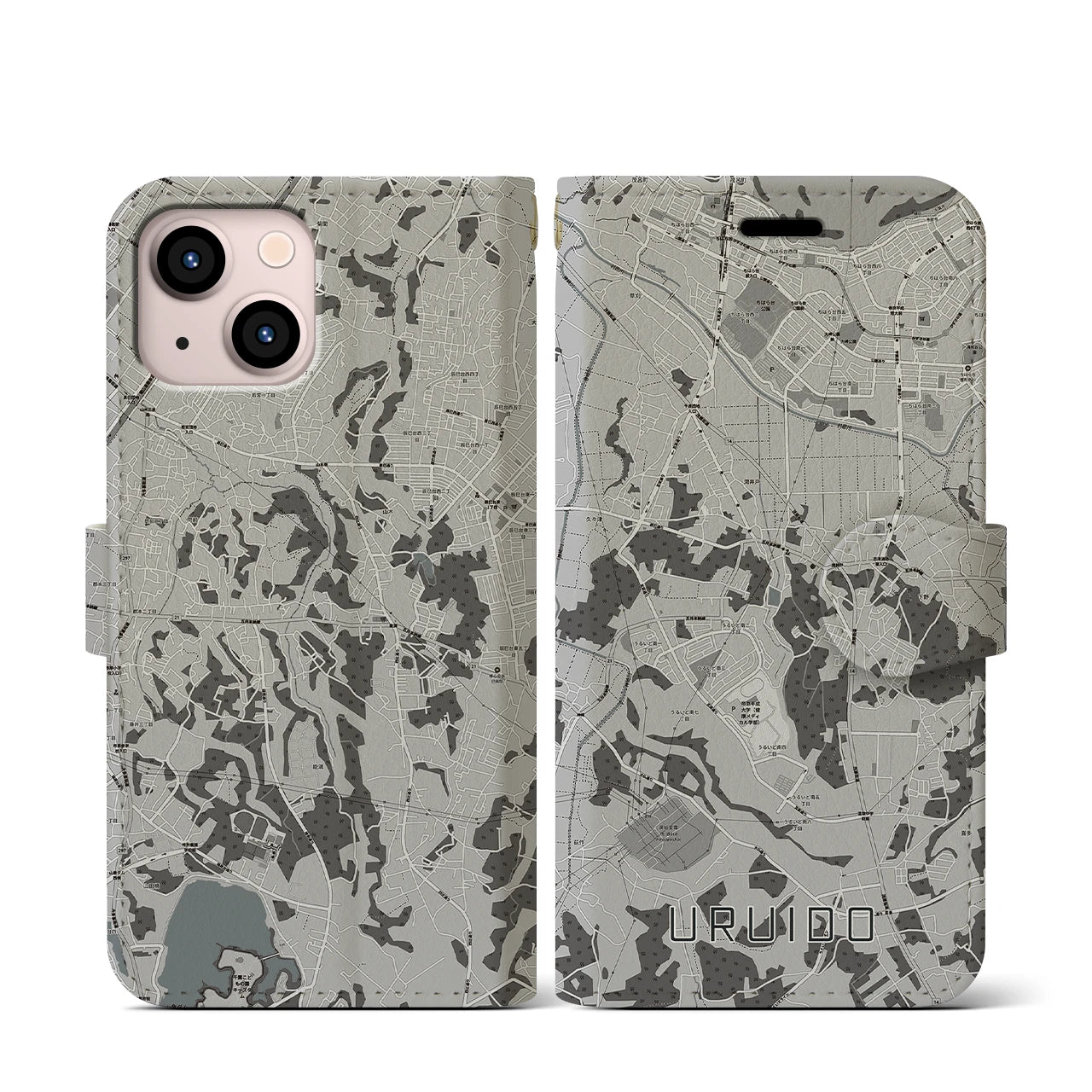 【潤井戸(千葉県)】地図柄iPhoneケース(手帳タイプ)モノトーン・iPhone 13 mini 用
