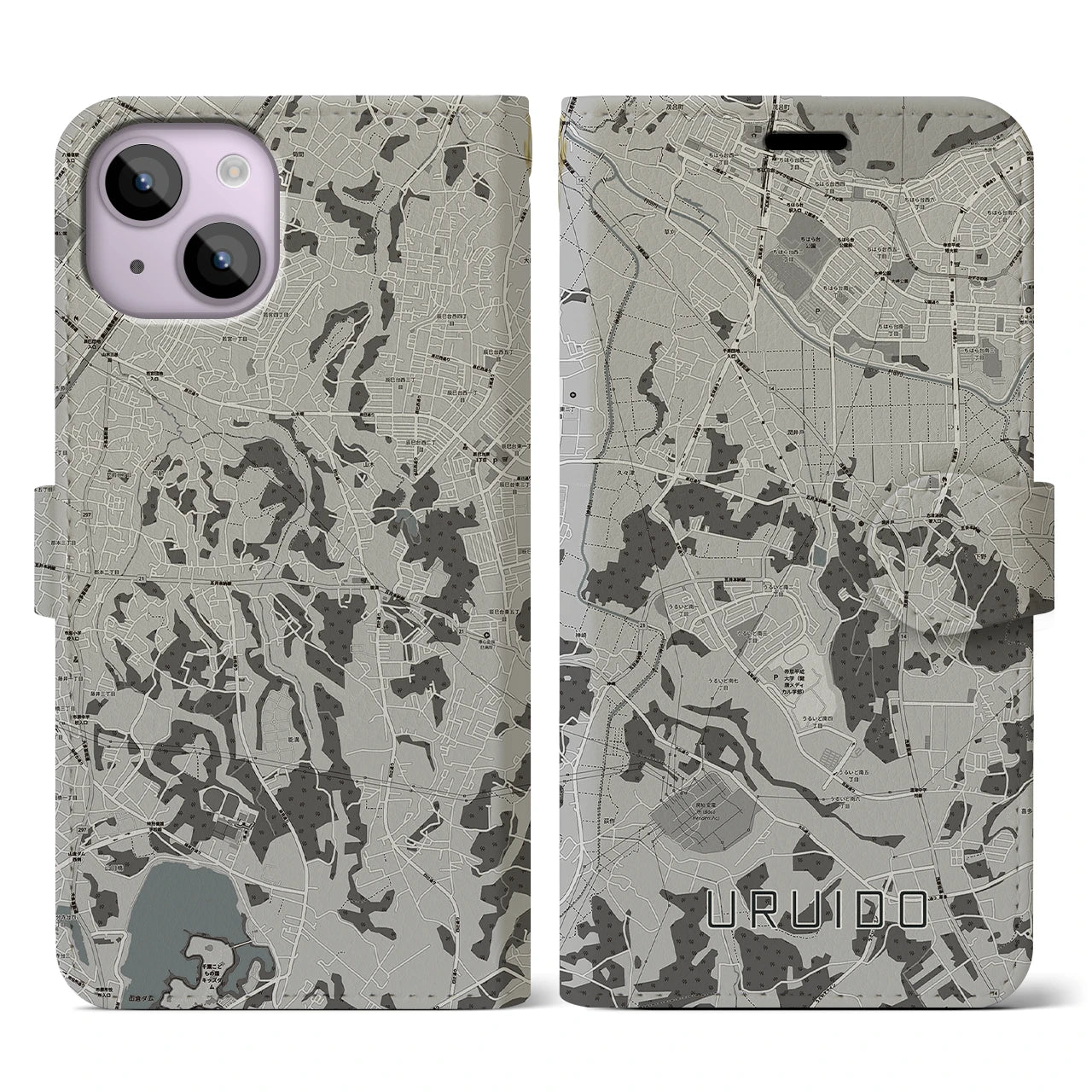 【潤井戸(千葉県)】地図柄iPhoneケース(手帳タイプ)モノトーン・iPhone 14 用