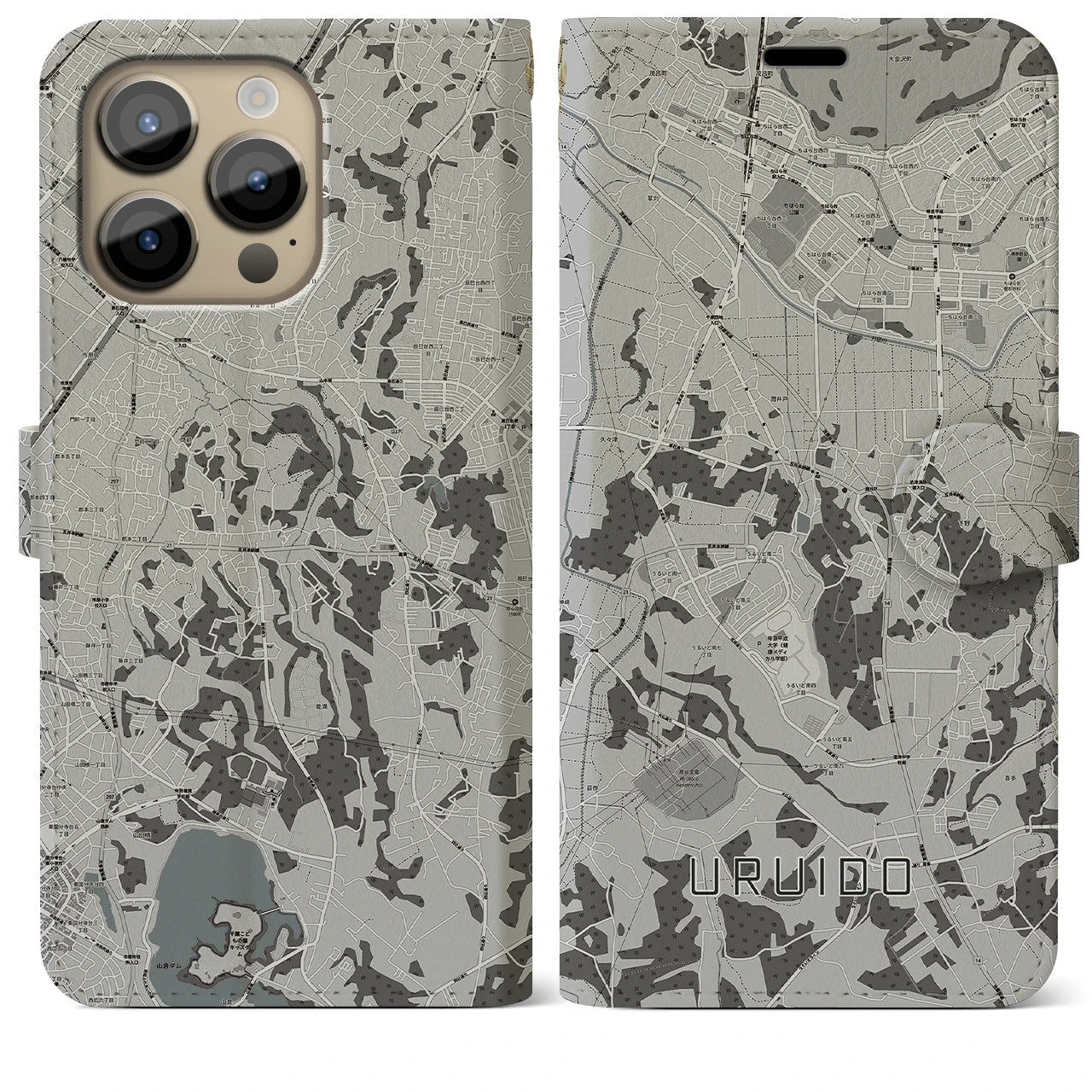 【潤井戸(千葉県)】地図柄iPhoneケース(手帳タイプ)モノトーン・iPhone 14 Pro Max 用