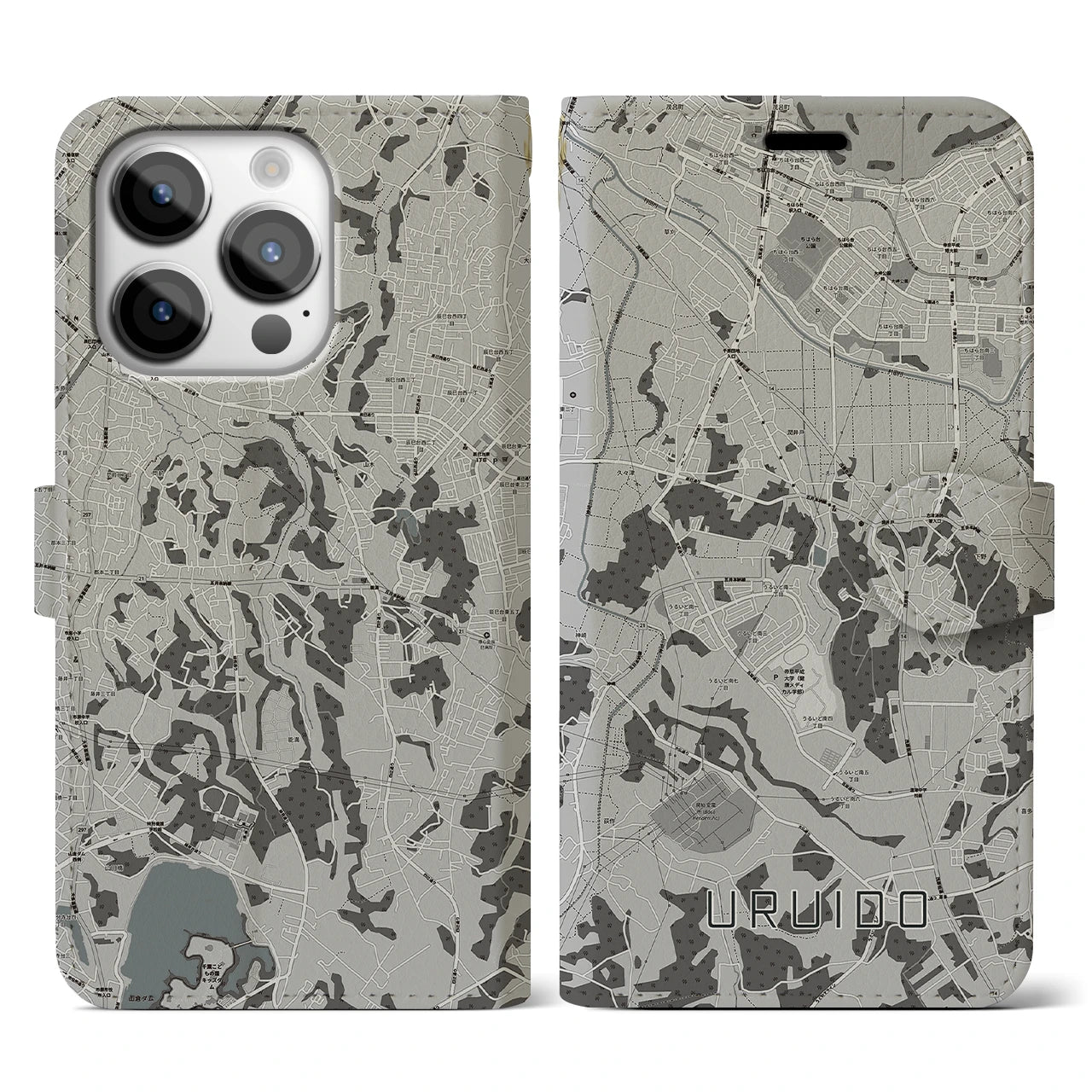 【潤井戸(千葉県)】地図柄iPhoneケース(手帳タイプ)モノトーン・iPhone 14 Pro 用