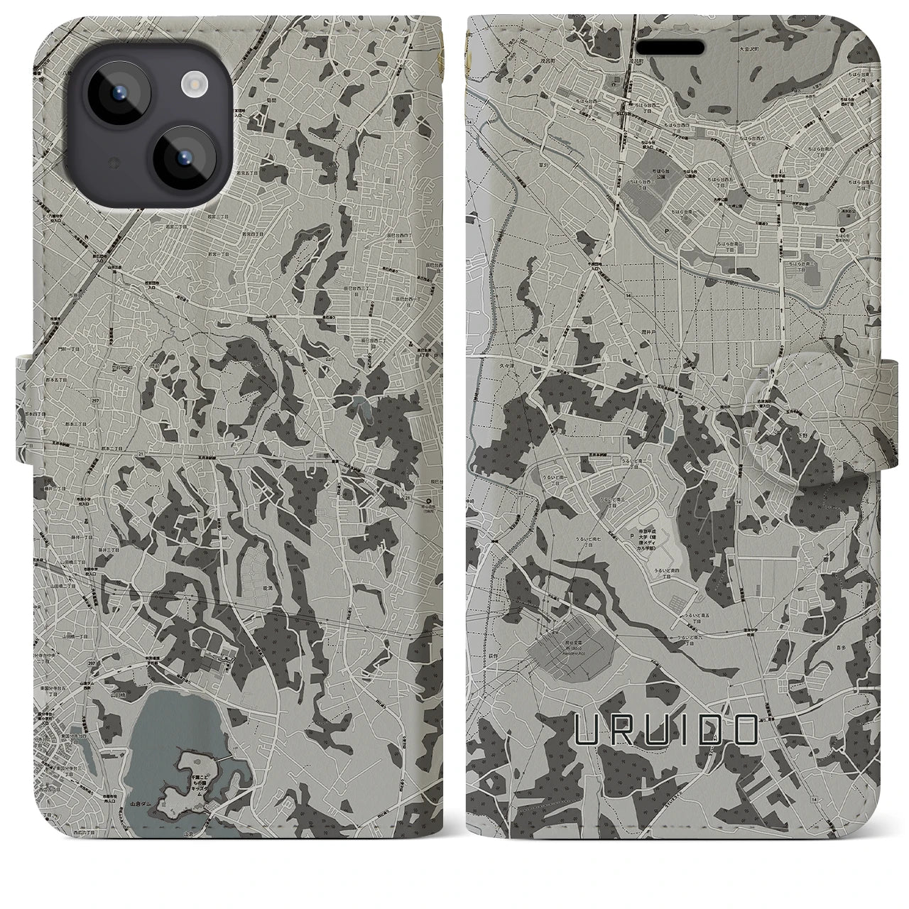 【潤井戸(千葉県)】地図柄iPhoneケース(手帳タイプ)モノトーン・iPhone 14 Plus 用