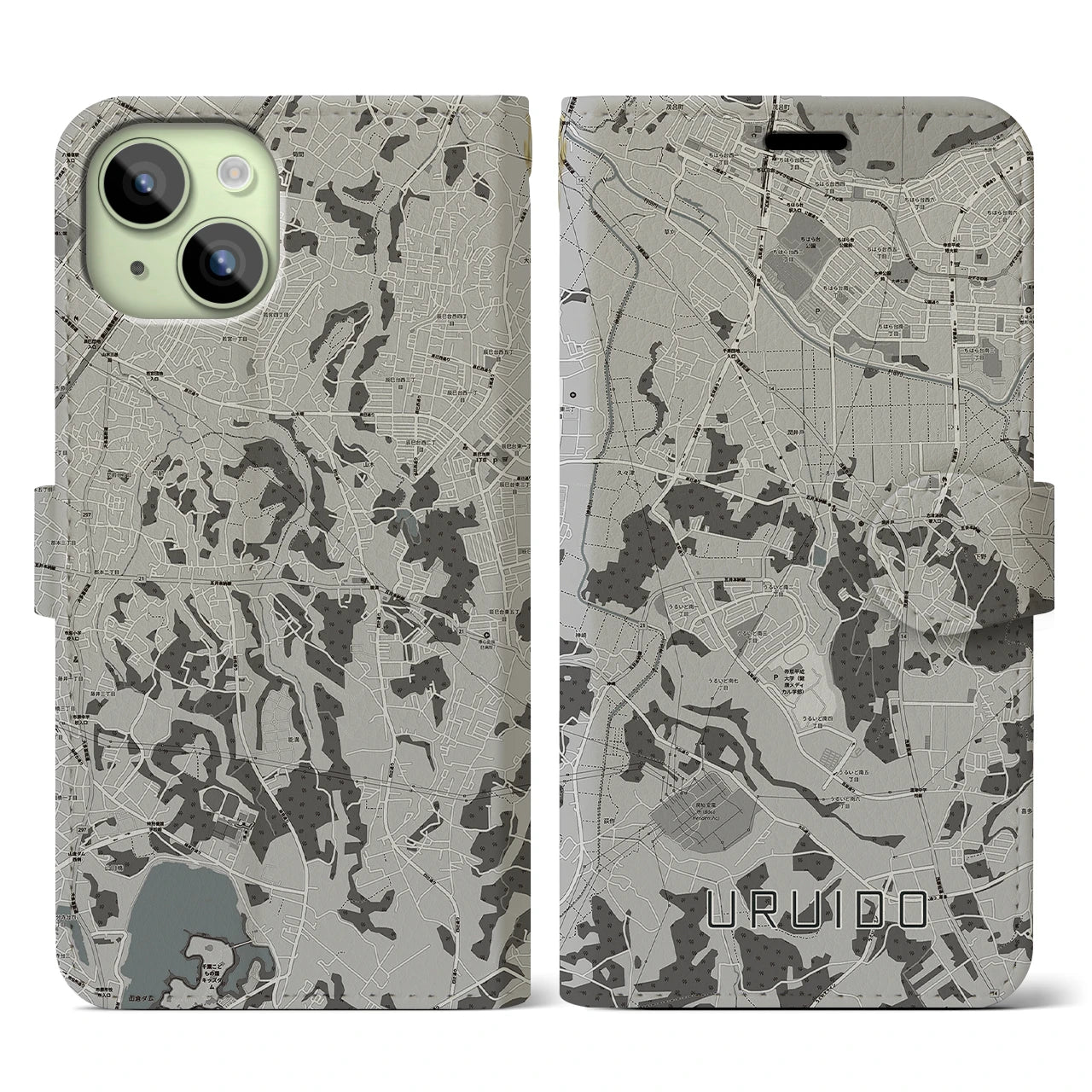 【潤井戸(千葉県)】地図柄iPhoneケース(手帳タイプ)モノトーン・iPhone 15 用