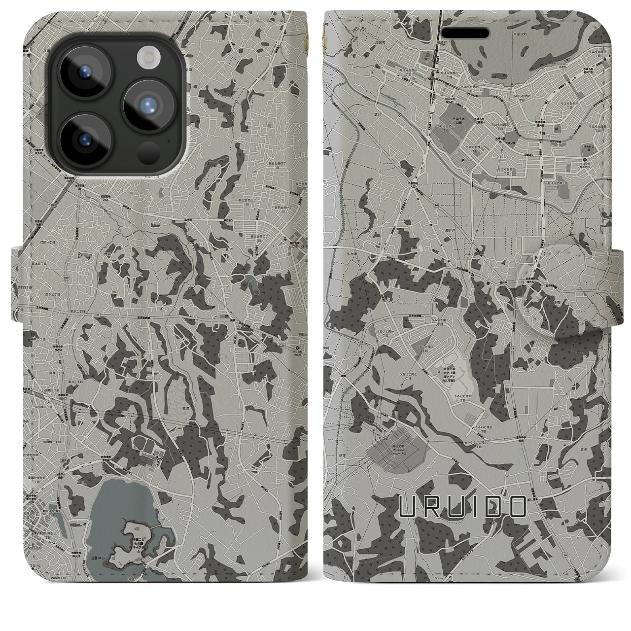 【潤井戸(千葉県)】地図柄iPhoneケース(手帳タイプ)モノトーン・iPhone 15 Pro Max 用