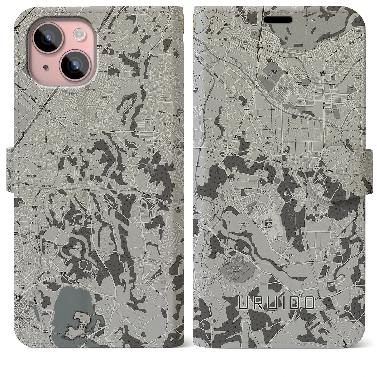 【潤井戸(千葉県)】地図柄iPhoneケース(手帳タイプ)モノトーン・iPhone 15 Plus 用