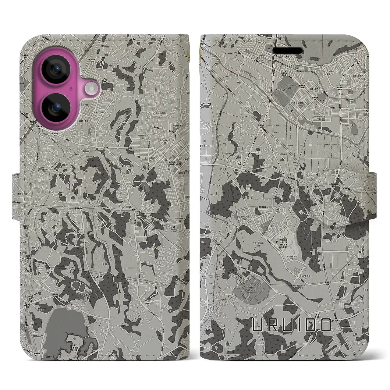 【潤井戸(千葉県)】地図柄iPhoneケース(手帳タイプ)モノトーン・iPhone 16 Pro 用