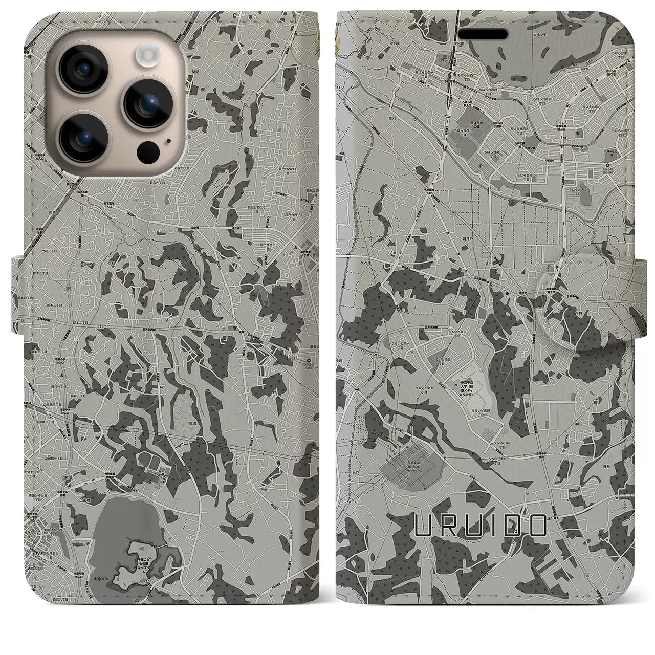 【潤井戸(千葉県)】地図柄iPhoneケース(手帳タイプ)モノトーン・iPhone 16 Plus 用