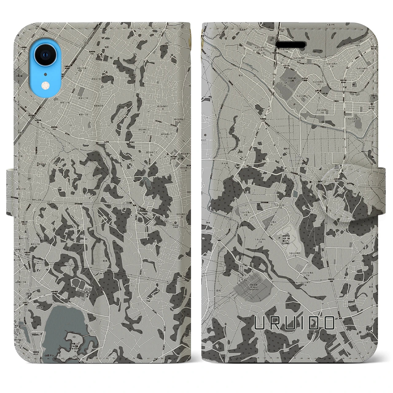【潤井戸(千葉県)】地図柄iPhoneケース(手帳タイプ)モノトーン・iPhone XR 用