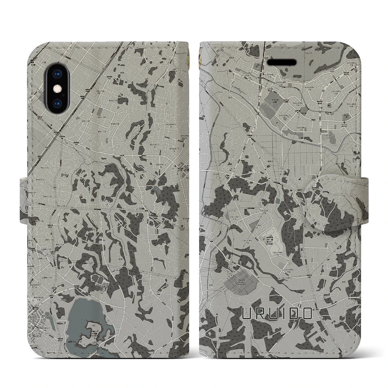 【潤井戸(千葉県)】地図柄iPhoneケース(手帳タイプ)モノトーン・iPhone XS / X 用