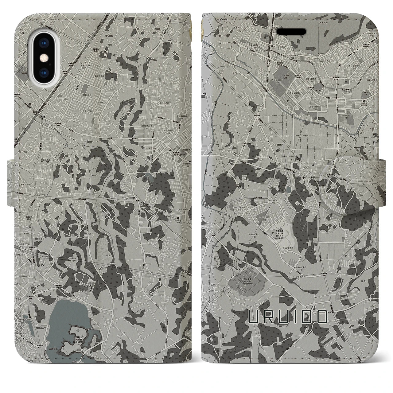 【潤井戸(千葉県)】地図柄iPhoneケース(手帳タイプ)モノトーン・iPhone XS Max 用