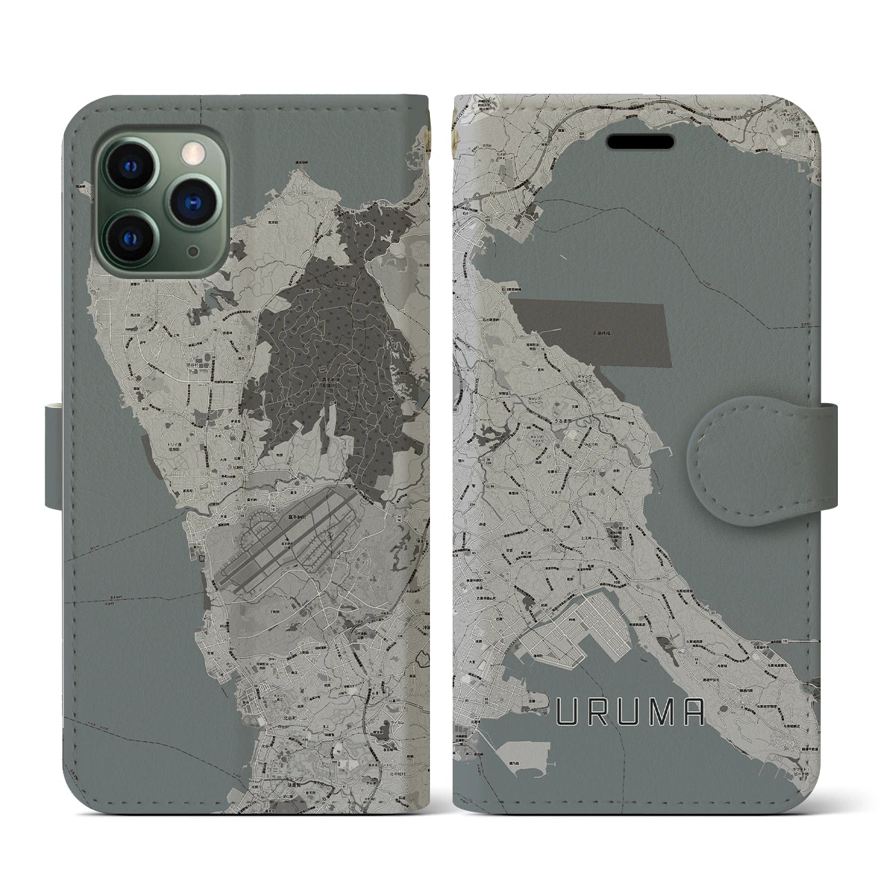 【うるま(沖縄県)】地図柄iPhoneケース(手帳タイプ)モノトーン・iPhone 11 Pro 用