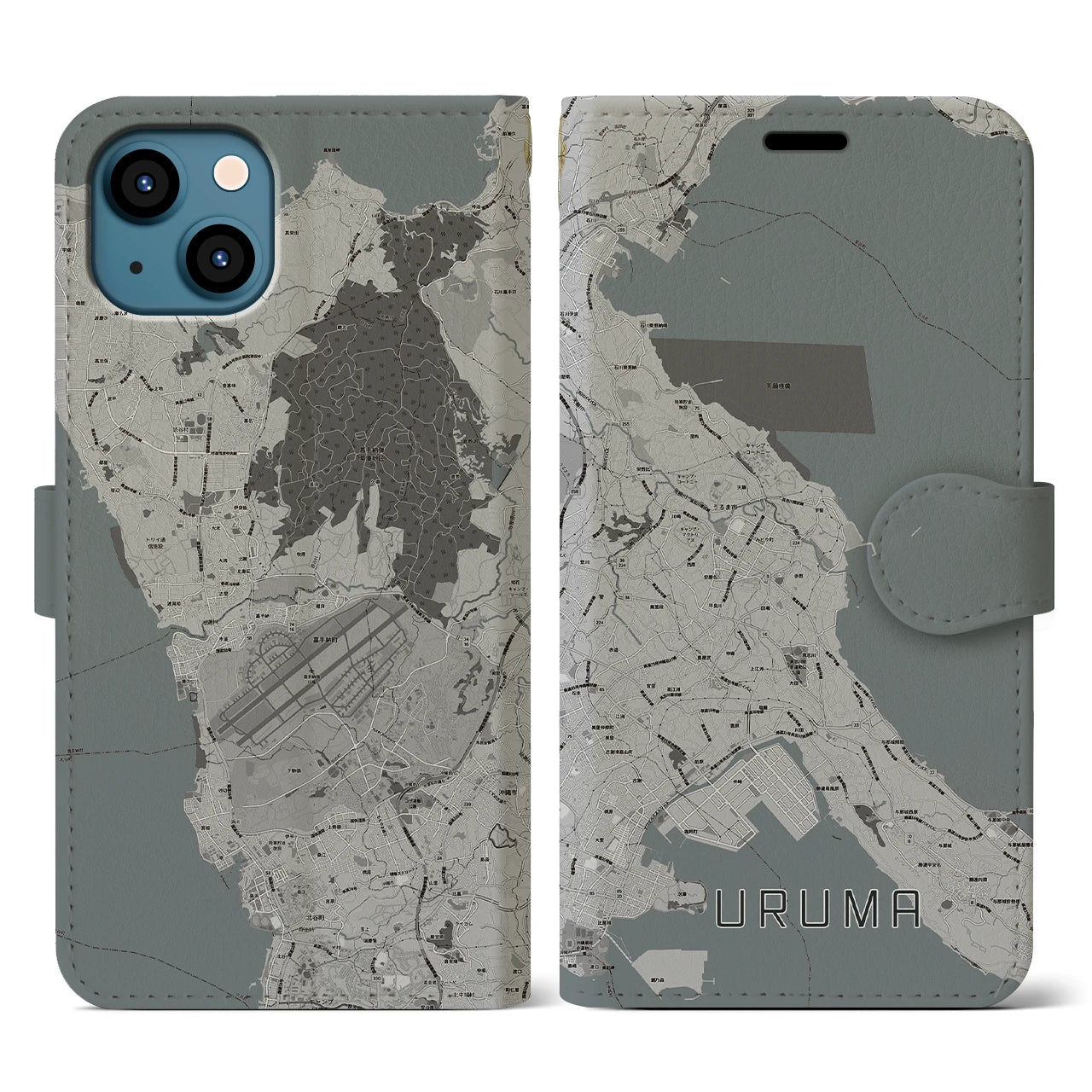 【うるま(沖縄県)】地図柄iPhoneケース(手帳タイプ)モノトーン・iPhone 13 用