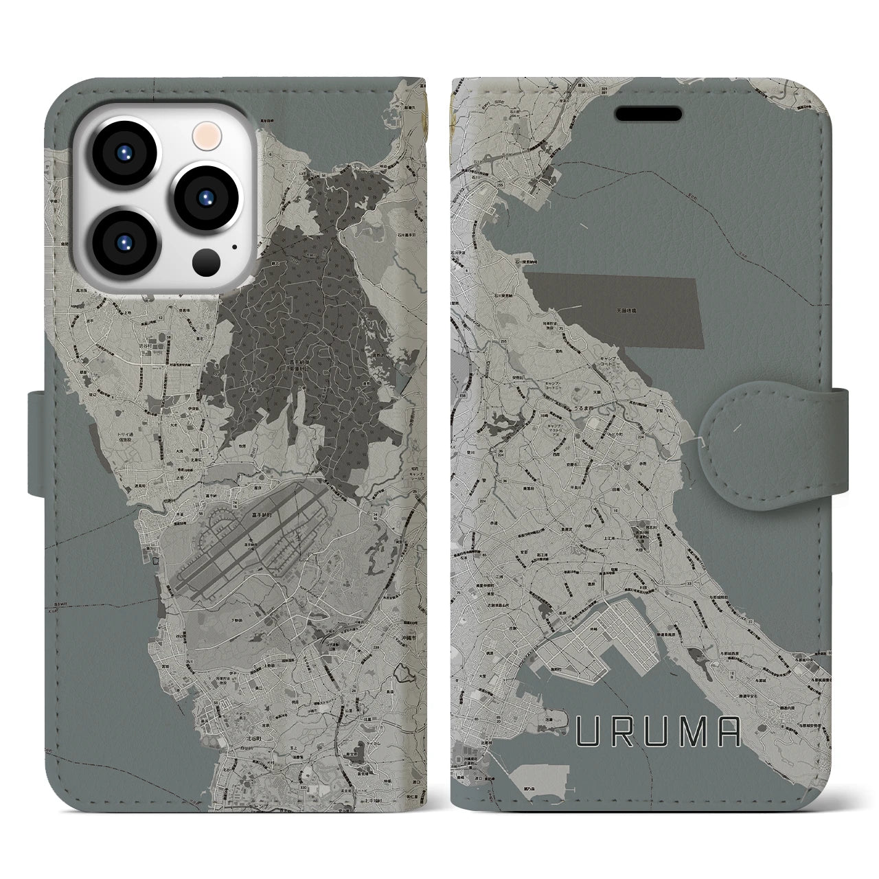 【うるま(沖縄県)】地図柄iPhoneケース(手帳タイプ)モノトーン・iPhone 13 Pro 用