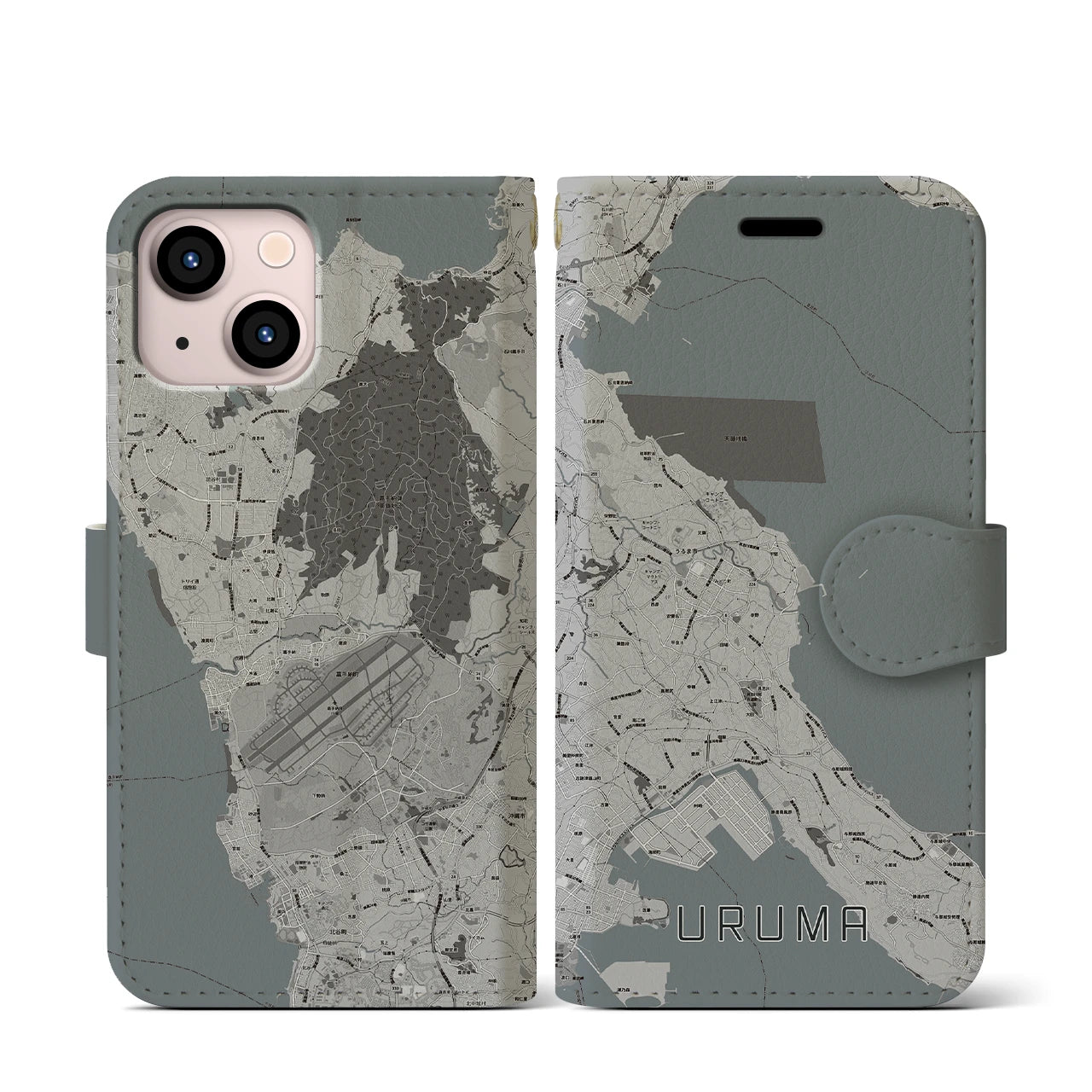 【うるま(沖縄県)】地図柄iPhoneケース(手帳タイプ)モノトーン・iPhone 13 mini 用