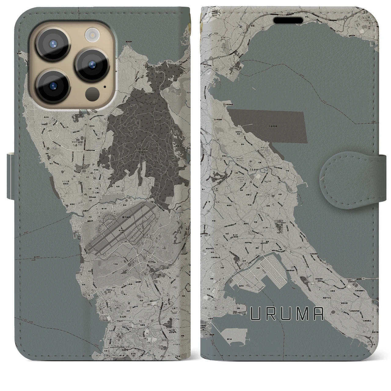 【うるま(沖縄県)】地図柄iPhoneケース(手帳タイプ)モノトーン・iPhone 14 Pro Max 用