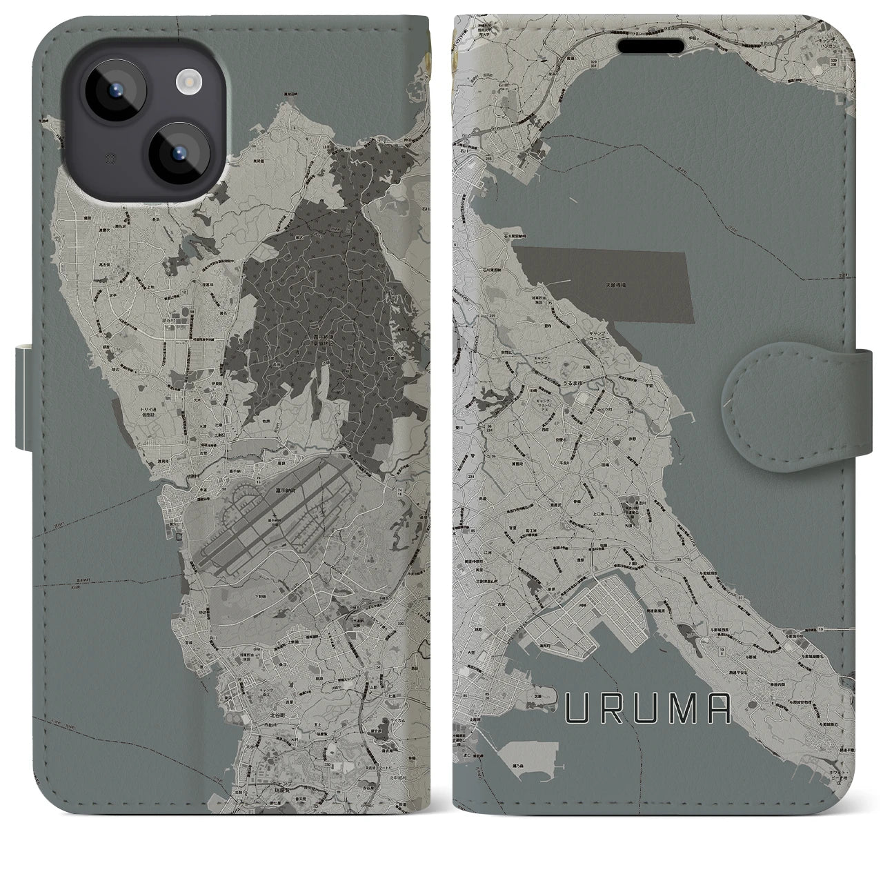【うるま(沖縄県)】地図柄iPhoneケース(手帳タイプ)モノトーン・iPhone 14 Plus 用