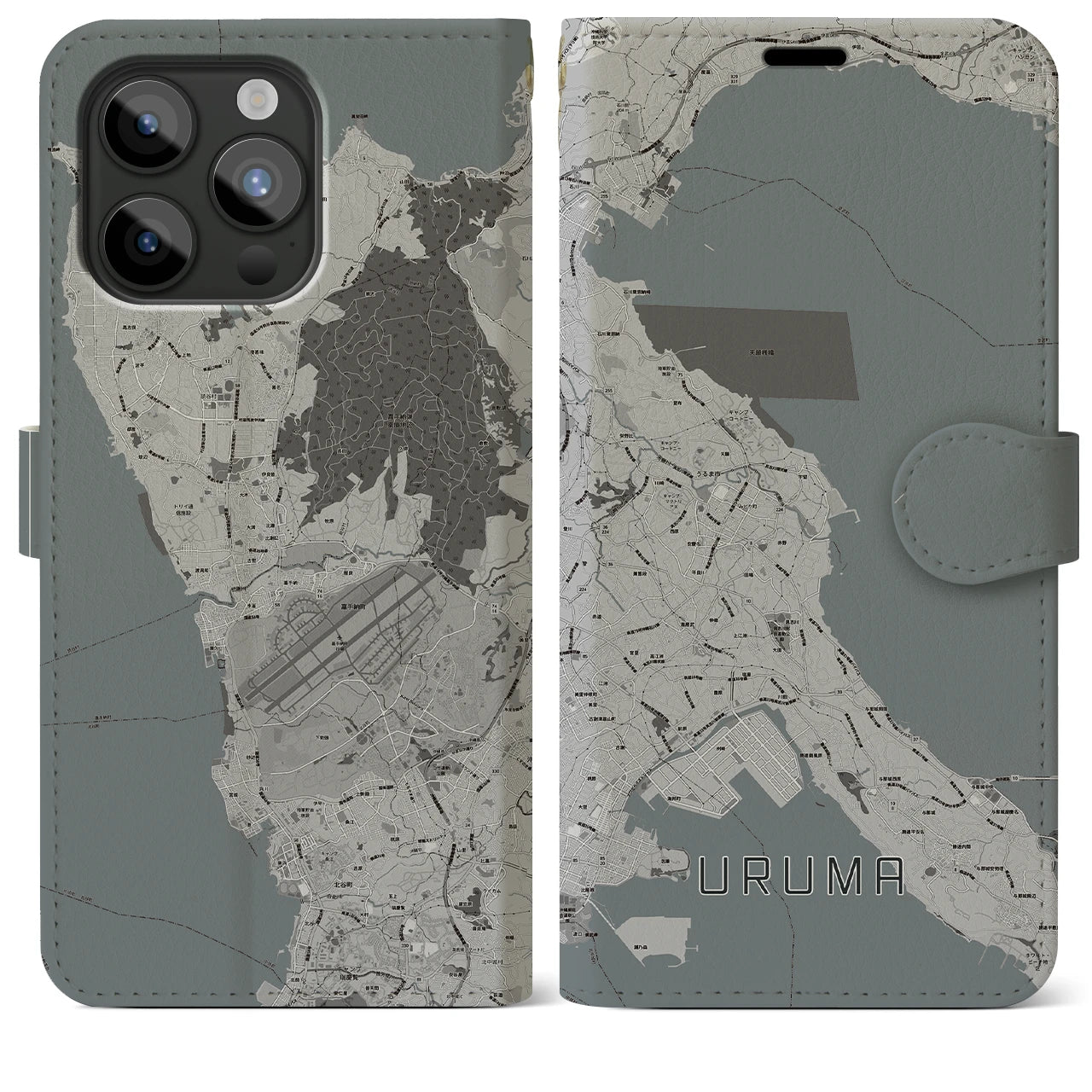 【うるま(沖縄県)】地図柄iPhoneケース(手帳タイプ)モノトーン・iPhone 15 Pro Max 用