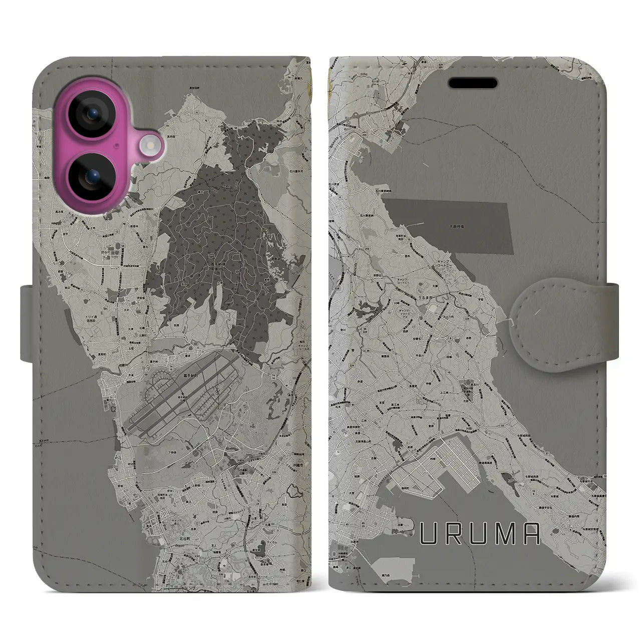 【うるま(沖縄県)】地図柄iPhoneケース(手帳タイプ)モノトーン・iPhone 16 Pro 用