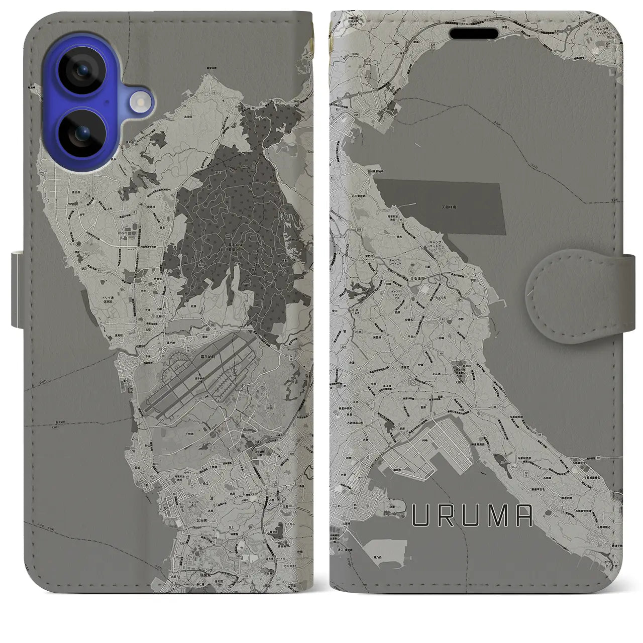 【うるま(沖縄県)】地図柄iPhoneケース(手帳タイプ)モノトーン・iPhone 16 Pro Max 用
