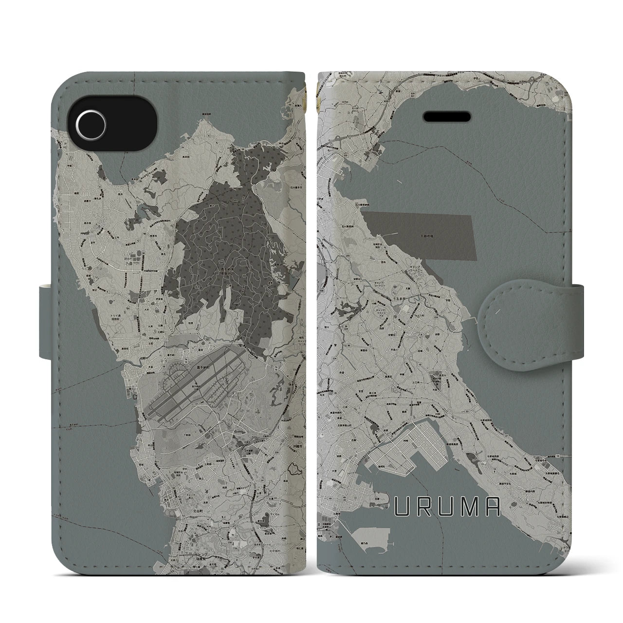 【うるま(沖縄県)】地図柄iPhoneケース(手帳タイプ)モノトーン・iPhone SE(第3 / 第2世代) / 8 / 7 / 6s / 6 用