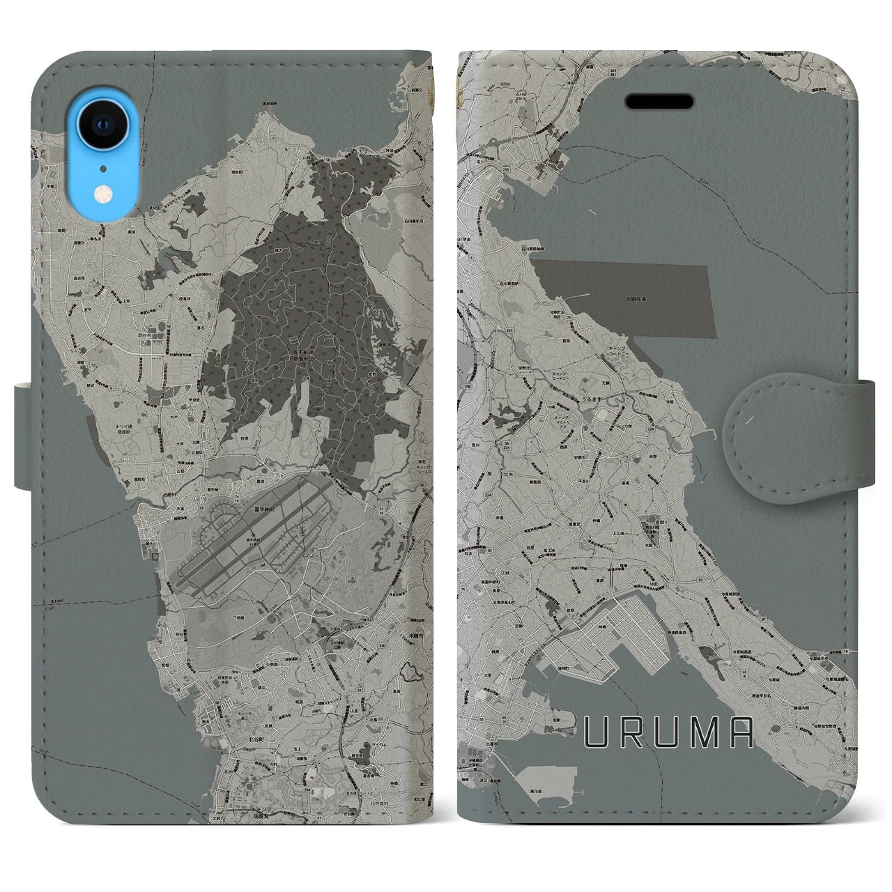 【うるま(沖縄県)】地図柄iPhoneケース(手帳タイプ)モノトーン・iPhone XR 用