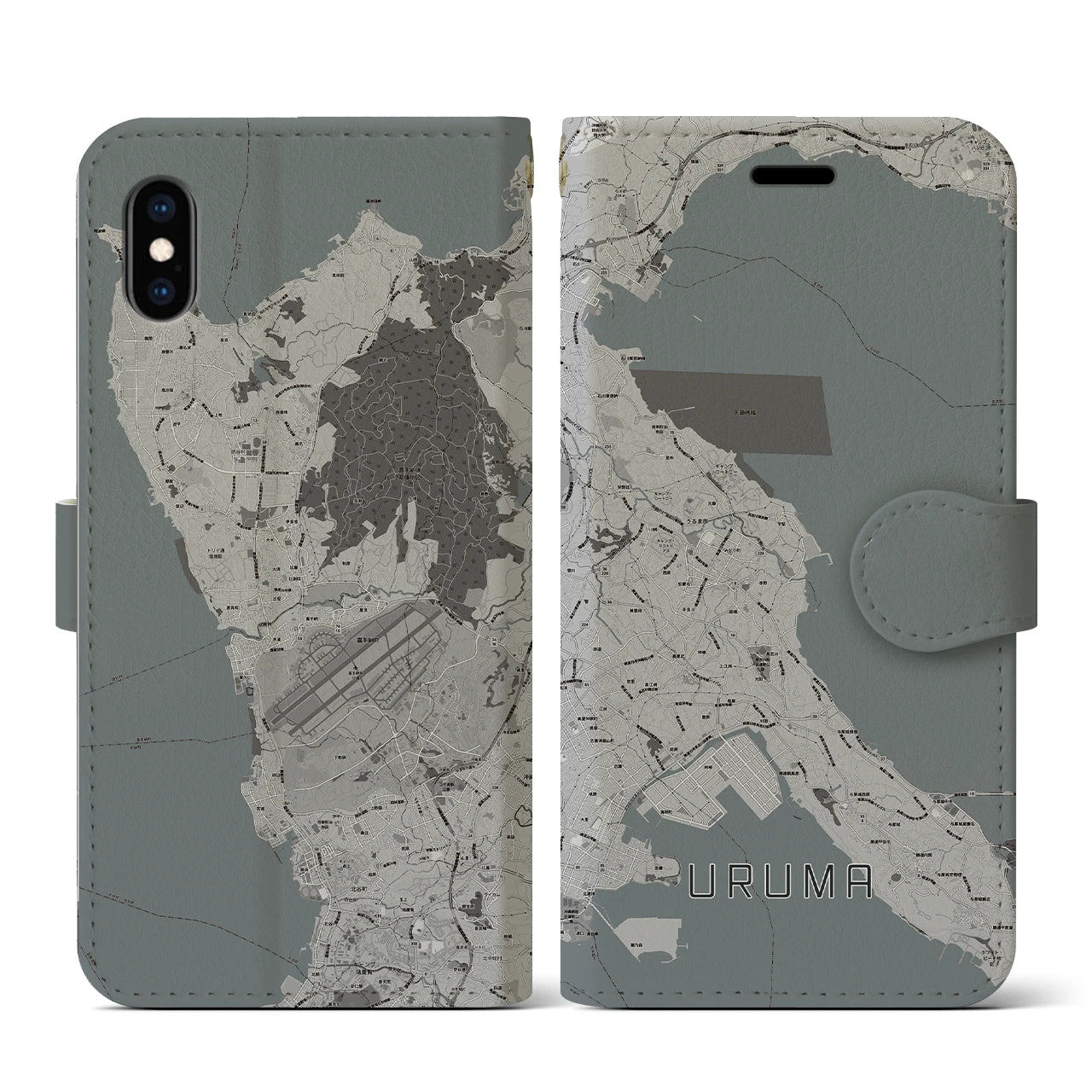 【うるま(沖縄県)】地図柄iPhoneケース(手帳タイプ)モノトーン・iPhone XS / X 用