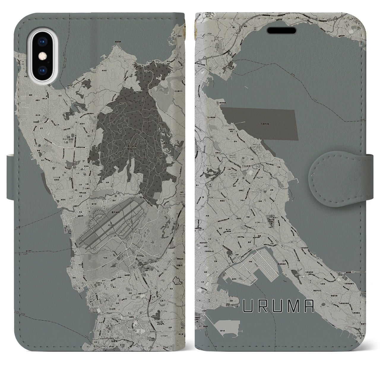 【うるま(沖縄県)】地図柄iPhoneケース(手帳タイプ)モノトーン・iPhone XS Max 用