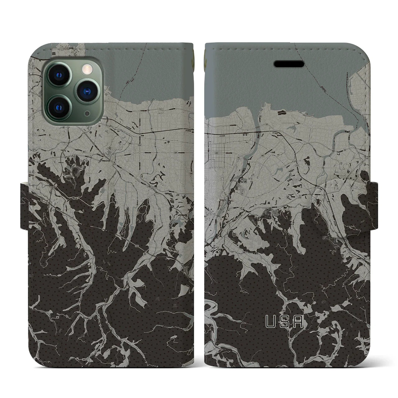 【宇佐(大分県)】地図柄iPhoneケース(手帳タイプ)モノトーン・iPhone 11 Pro 用