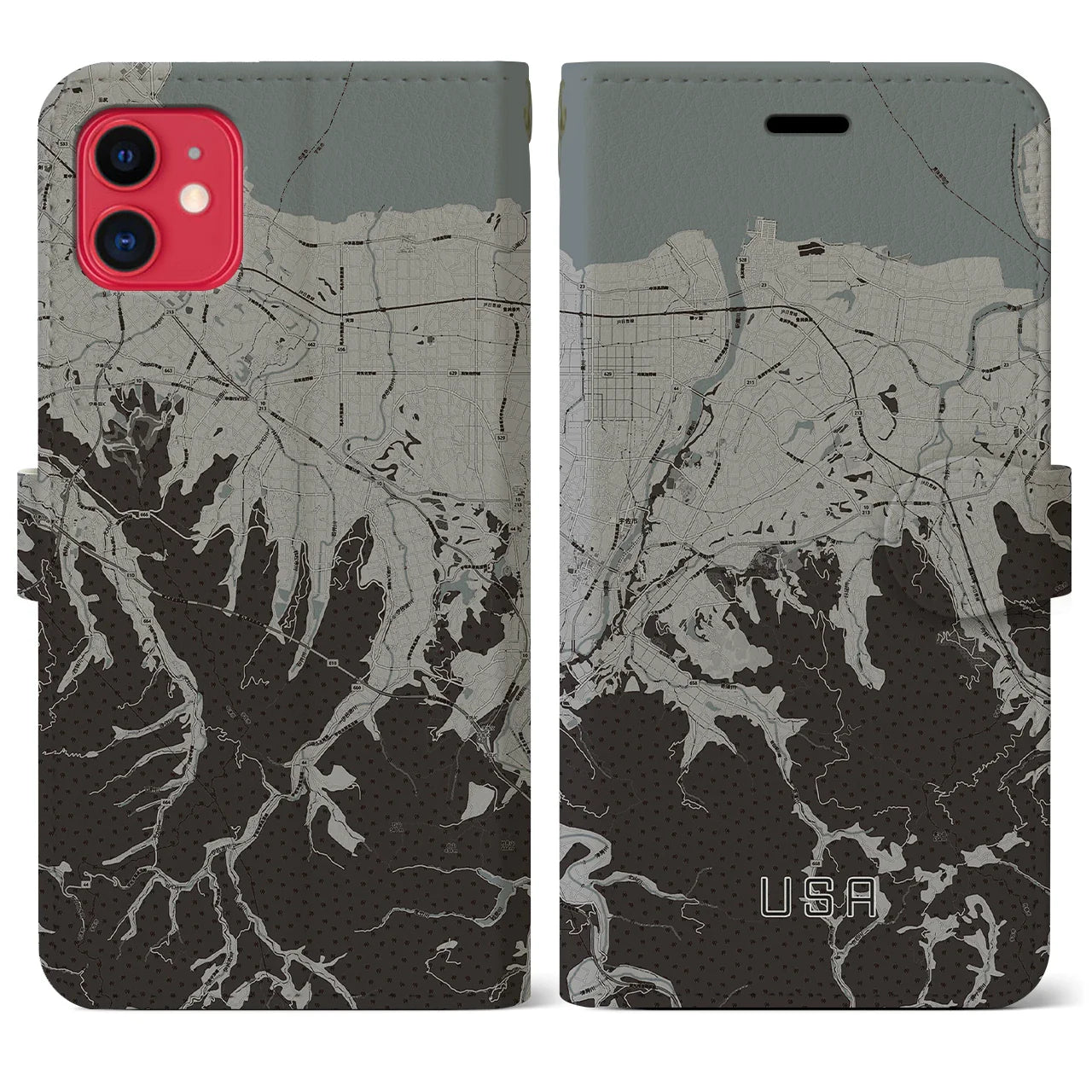 【宇佐(大分県)】地図柄iPhoneケース(手帳タイプ)モノトーン・iPhone 11 用