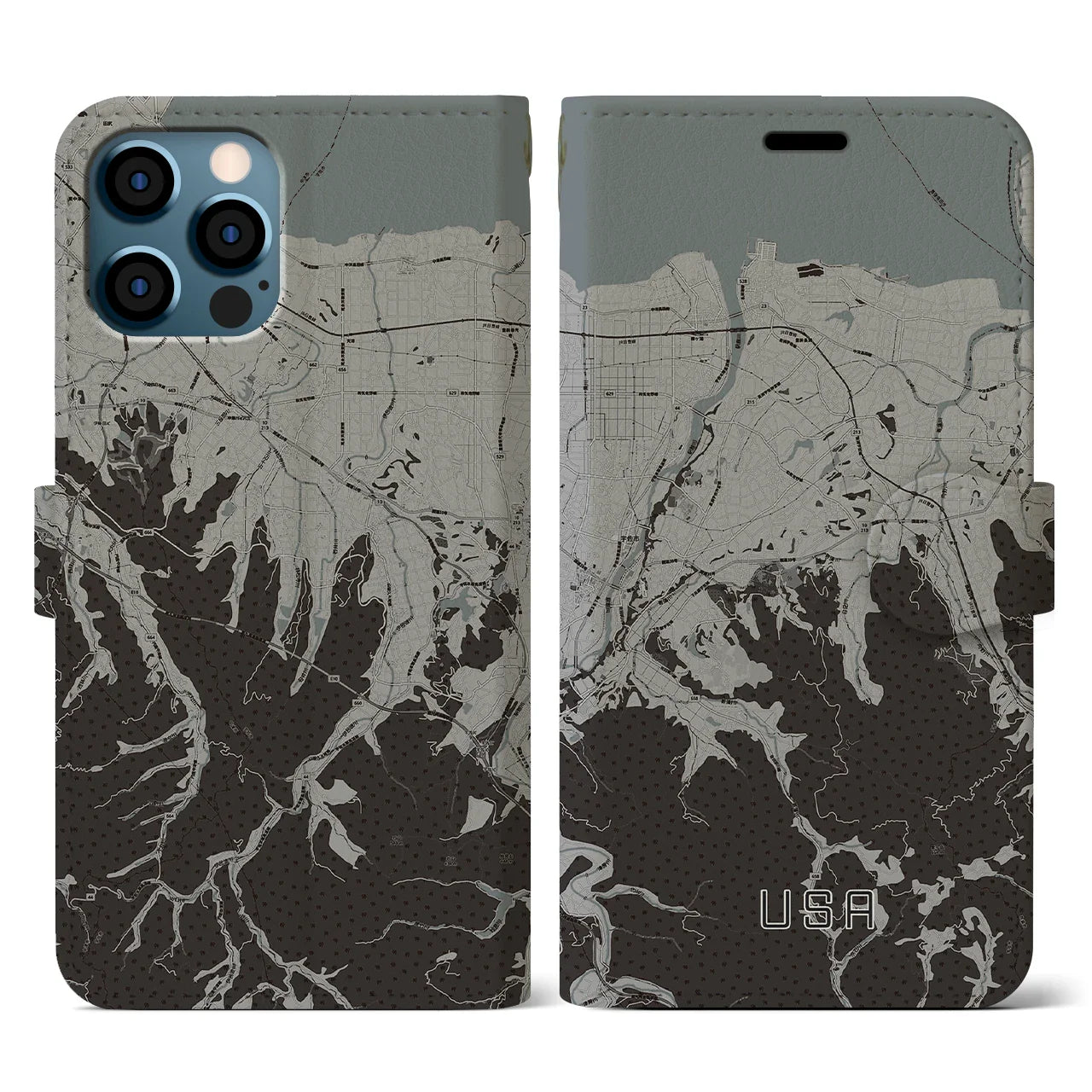 【宇佐(大分県)】地図柄iPhoneケース(手帳タイプ)モノトーン・iPhone 12 / 12 Pro 用