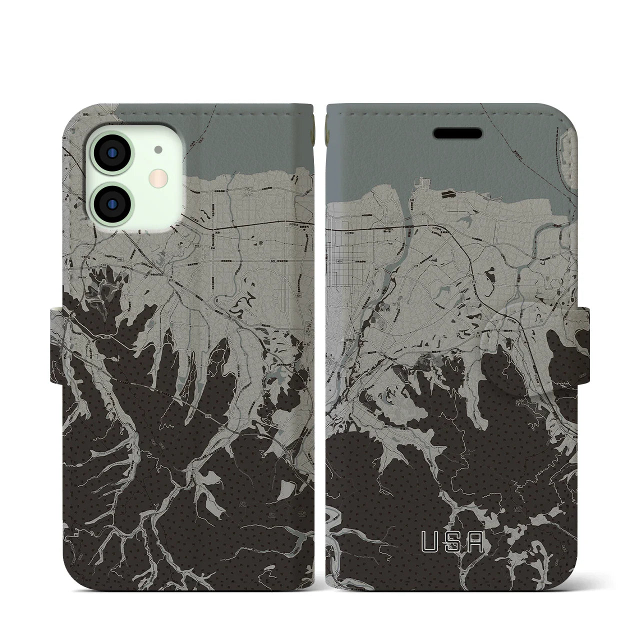 【宇佐(大分県)】地図柄iPhoneケース(手帳タイプ)モノトーン・iPhone 12 mini 用
