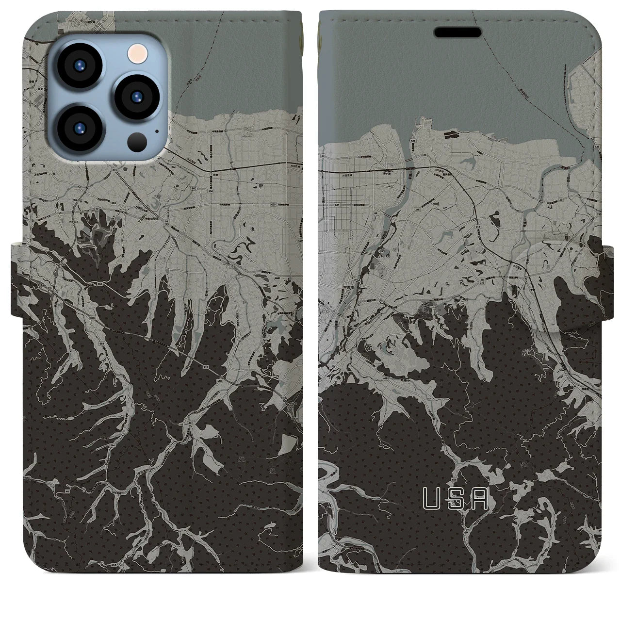 【宇佐(大分県)】地図柄iPhoneケース(手帳タイプ)モノトーン・iPhone 13 Pro Max 用