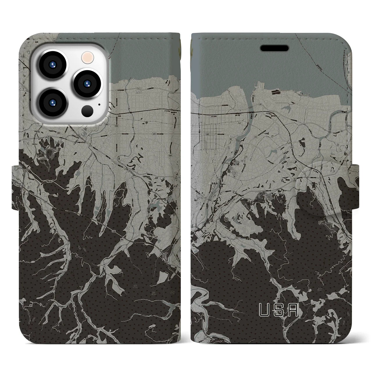 【宇佐(大分県)】地図柄iPhoneケース(手帳タイプ)モノトーン・iPhone 13 Pro 用
