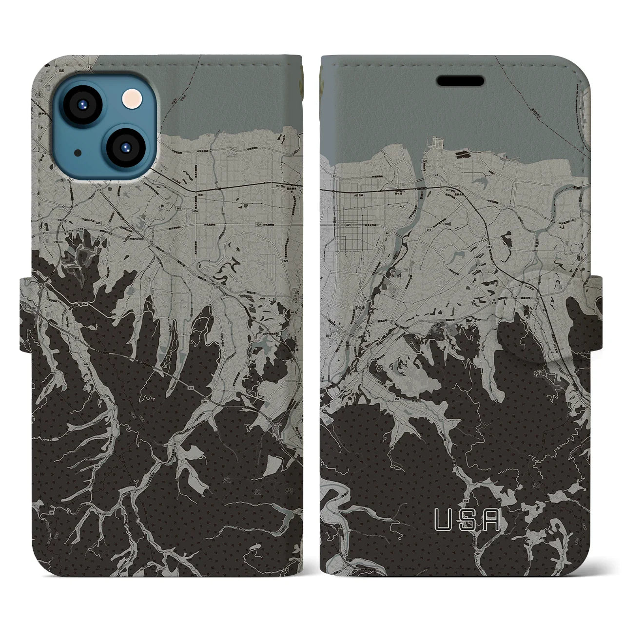 【宇佐(大分県)】地図柄iPhoneケース(手帳タイプ)モノトーン・iPhone 13 用