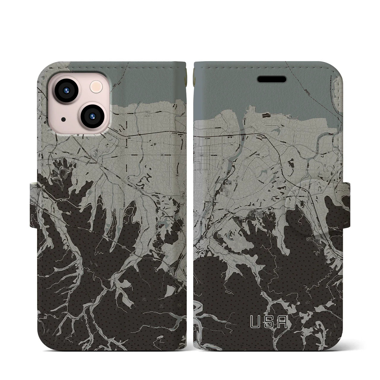 【宇佐(大分県)】地図柄iPhoneケース(手帳タイプ)モノトーン・iPhone 13 mini 用