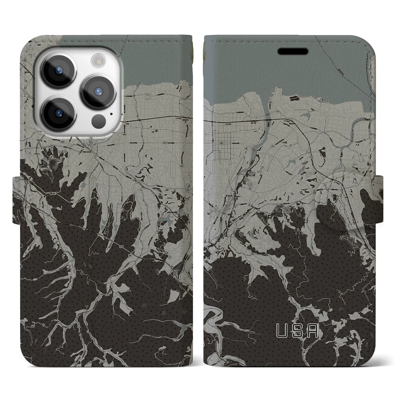 【宇佐(大分県)】地図柄iPhoneケース(手帳タイプ)モノトーン・iPhone 14 Pro 用