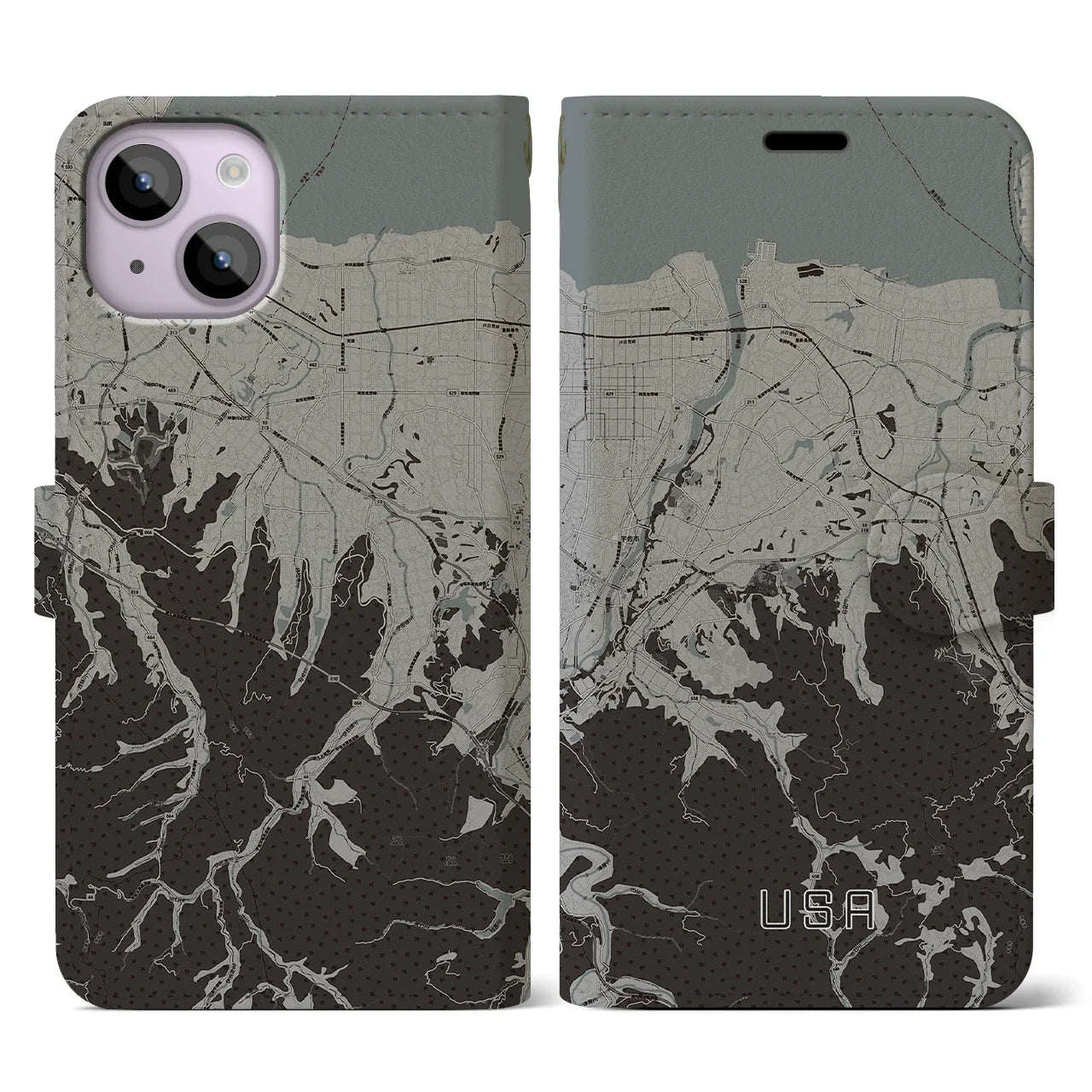 【宇佐(大分県)】地図柄iPhoneケース(手帳タイプ)モノトーン・iPhone 14 用