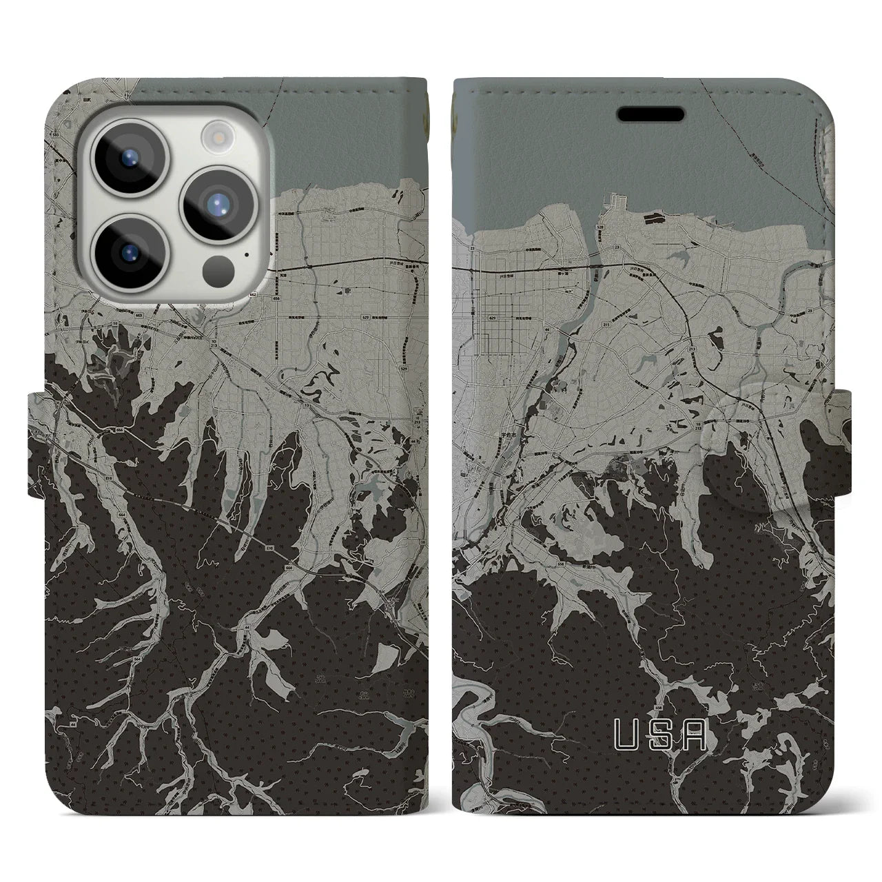 【宇佐(大分県)】地図柄iPhoneケース(手帳タイプ)モノトーン・iPhone 15 Pro 用