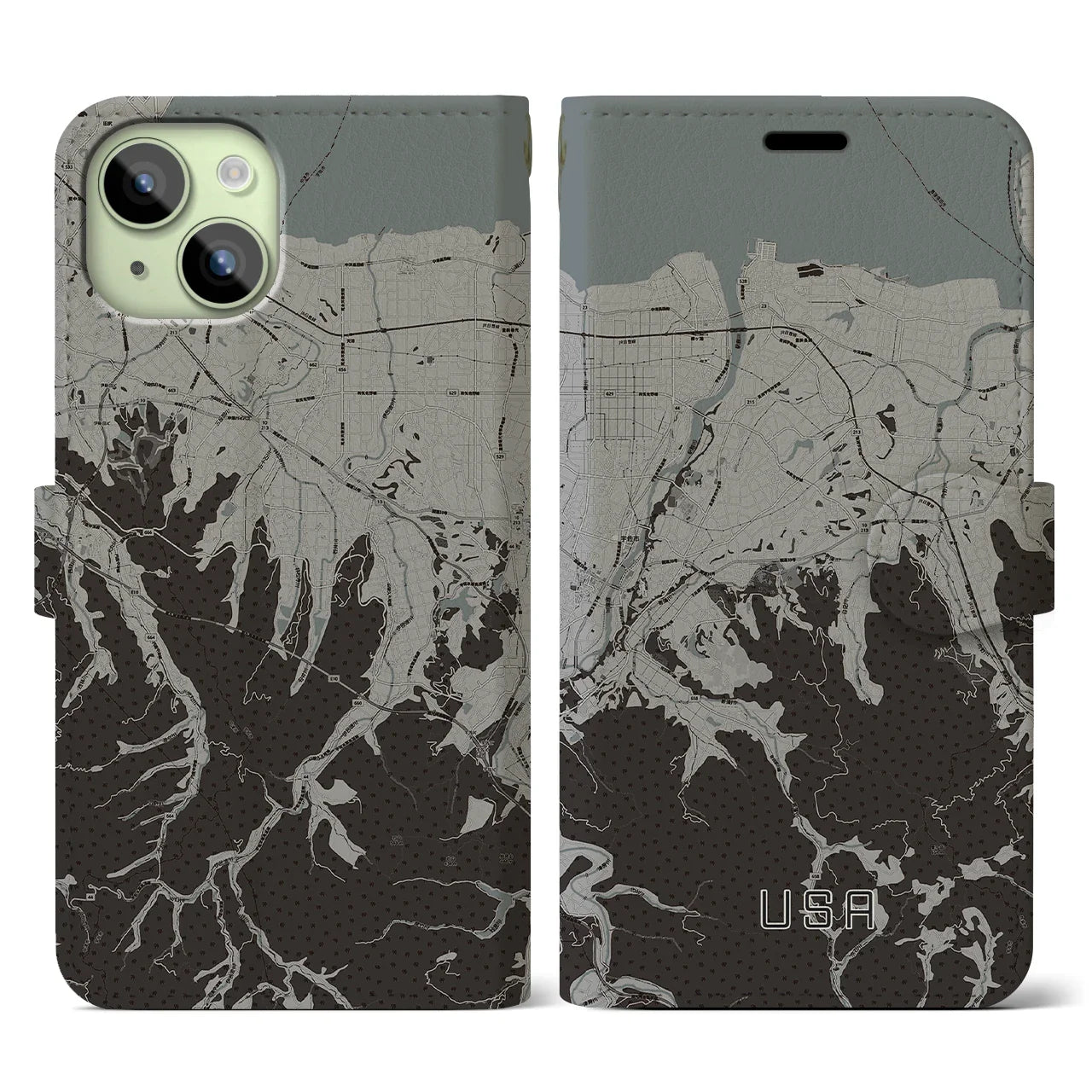 【宇佐(大分県)】地図柄iPhoneケース(手帳タイプ)モノトーン・iPhone 15 用